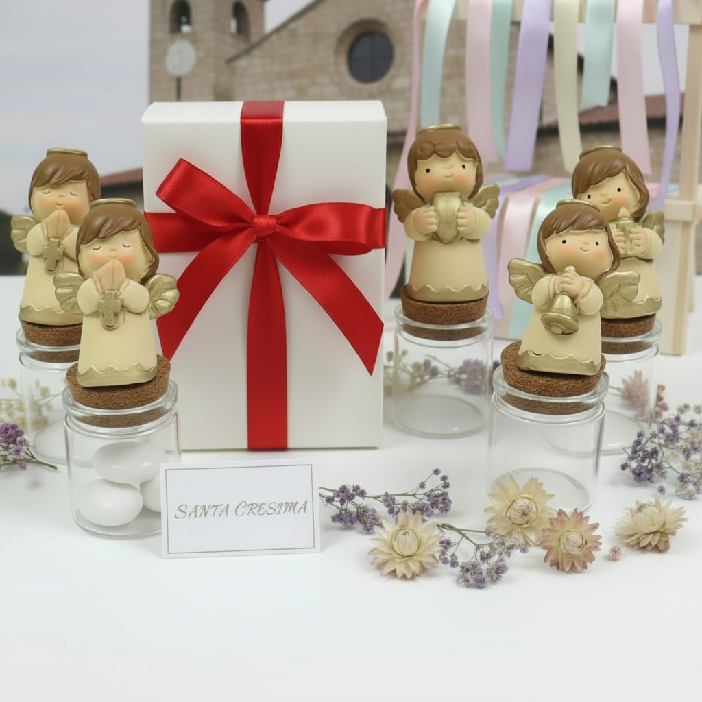 rosso packaging di angeli vasetti barattoli con angioletti crema su portaconfetti bomboniere segnaposto da confezionare per Cresima Comunione Battesimo nascita