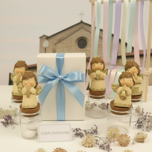 azzurro maschietto bimbo angeli vasetti barattoli con angioletti crema su portaconfetti bomboniere segnaposto da confezionare per Cresima Comunione Battesimo nascita con confetti e bigliettino, nastrini pastello
