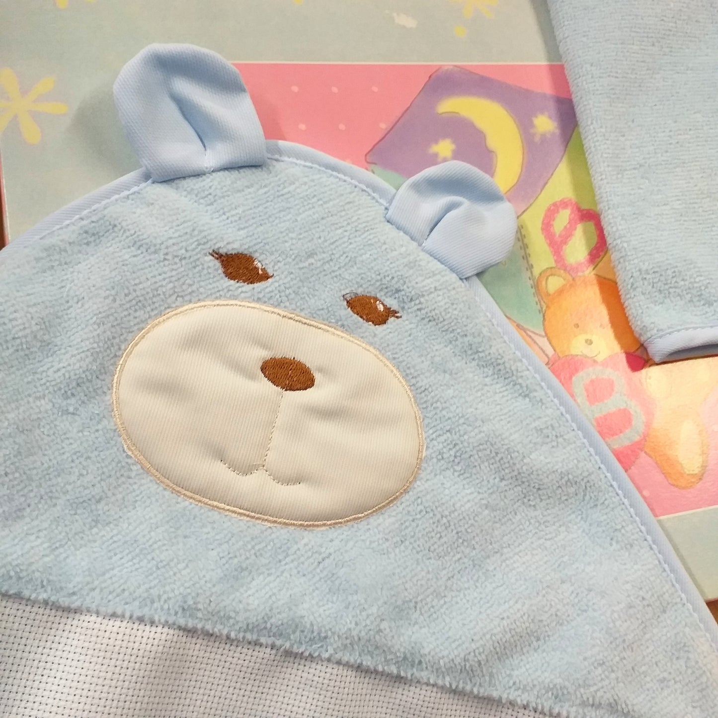 Accappatoio BabyCape mantellina spugna ciniglia per ricamo punto croce tela Aida bambini neonati bebè orsetto azzurro idea regalo