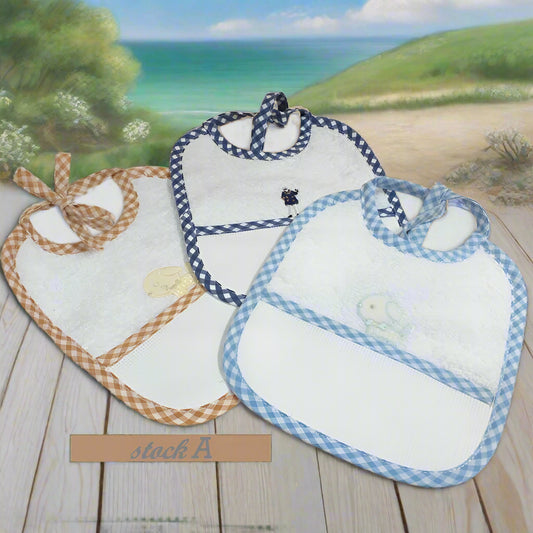 stock marrone celeste blu offerta vendita online bavaglini bambini neonati bebè baby maschietto economici cotone spugna disegni bavette tela aida ricamo e punto croce da ricamare