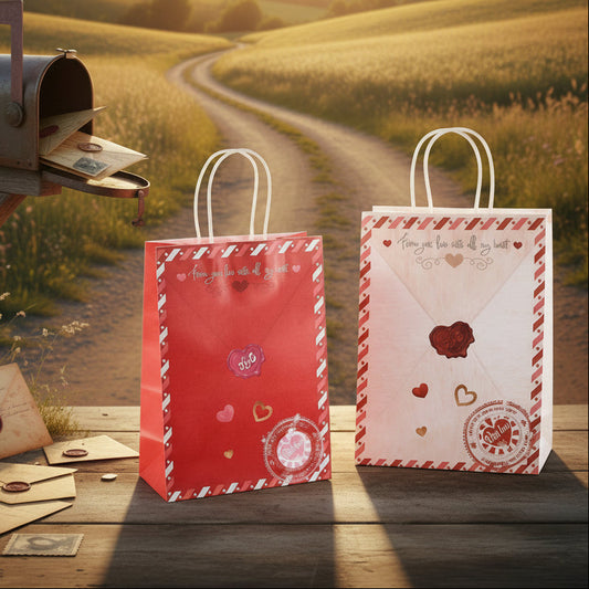 retro con sigillo ceralacca sacchetto busta medio sportina shopper borsa regalo love mail cuori scritta inglese per San Valentino confezionamento packaging borsina manici corda rossa fondo bianco o viceversa