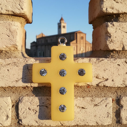 charms per bambini ragazzi Croce ciondolo resina simil-polaris strass di brillantini idea regalo gadget souvenir ricordino pensierino maestre catechiste bomboniera religiosa