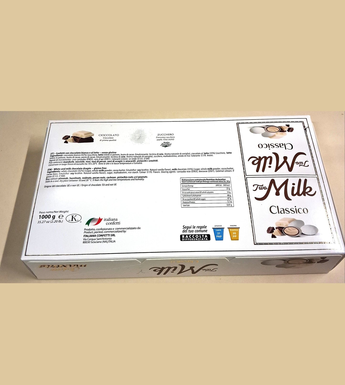 two milk classico confetti 1000 g kg doppio cioccolato al latte bianco nero tabella nutrizionale ingredienti retro copertina Maxtris