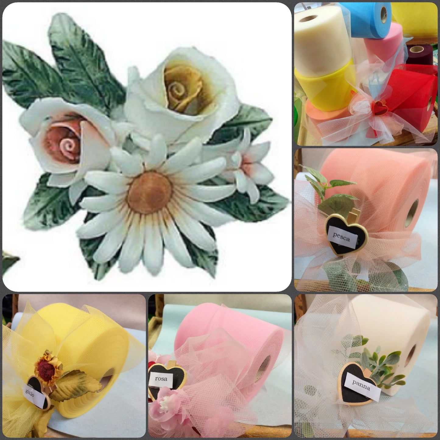 margherite rose giglio e fruttini Italian confetti fiore bomboniere matrimonio comunione cresima confezionamento packaging tulle bigliettino nastro scelta colori