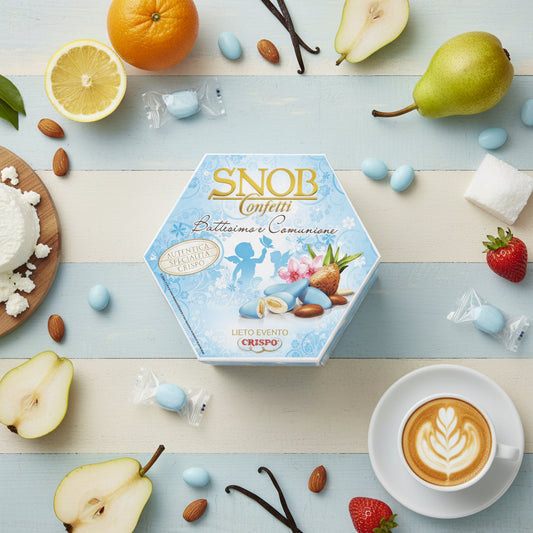 azzurro celeste bambino maschietto Battesimo nascita Comunione ciocco-mandorla Snob lieto evento Crispo Italian confetti Bon Bon cioccolato bianco confettato zucchero incartati singolarmente uno ad uno 6 gusti assortiti arancia fragola ricotta pera cappuccino frutta di cocco