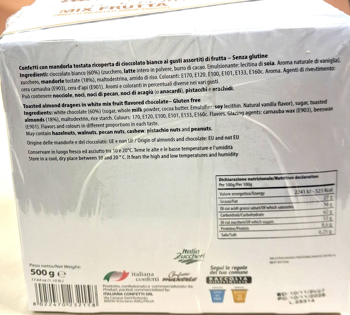 confetti mandorla tostata ricoperta di cioccolato bianco ai gusti assortiti di frutta senza glutine ingredienti aromi e coloranti, allergeni, origine dei prodotti UE e non UE, consigli di consevazione, dichiarazione nutrizionale, Italian confetti, peso 500 g