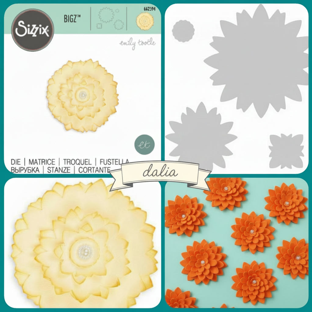 stampo manuale fustella sizzix bigz uso per tagliare fiori forma dalia con feltro pannolenci fommy gomma crepla mpn 662594 emily tootle