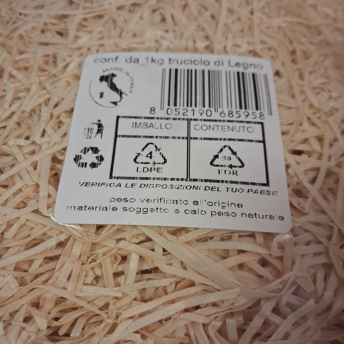 codice etichetta truciolo legno paglietta riempitivo made in italy confezione 1 kg peso verificato all'origine soggetto a calo peso naturale