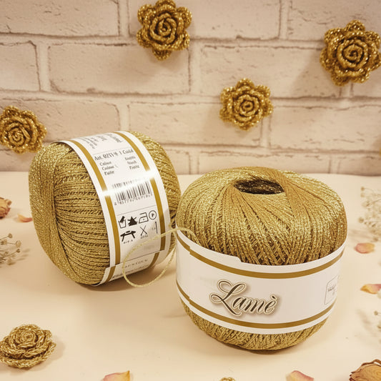 filato sintetico metallizzato cordino oro lurex lamé dorato per lavori uncinetto maglia filo addobbi albero Natale, idea roselline tecnica amigurumi