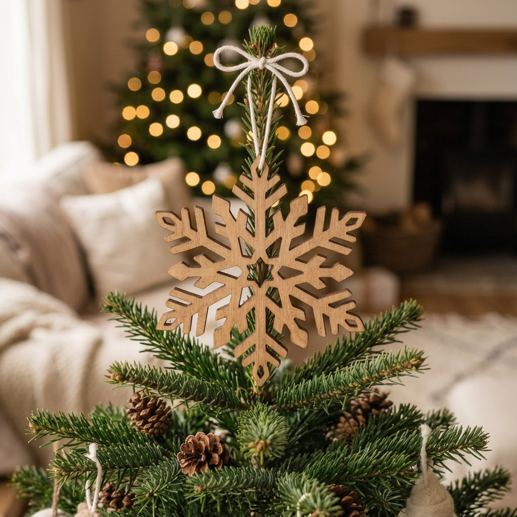 punta albero natale fiocco di neve stelline legno ghiaccio uso decorazioni natalizie addobbi ciondolini applicazioni legnetti