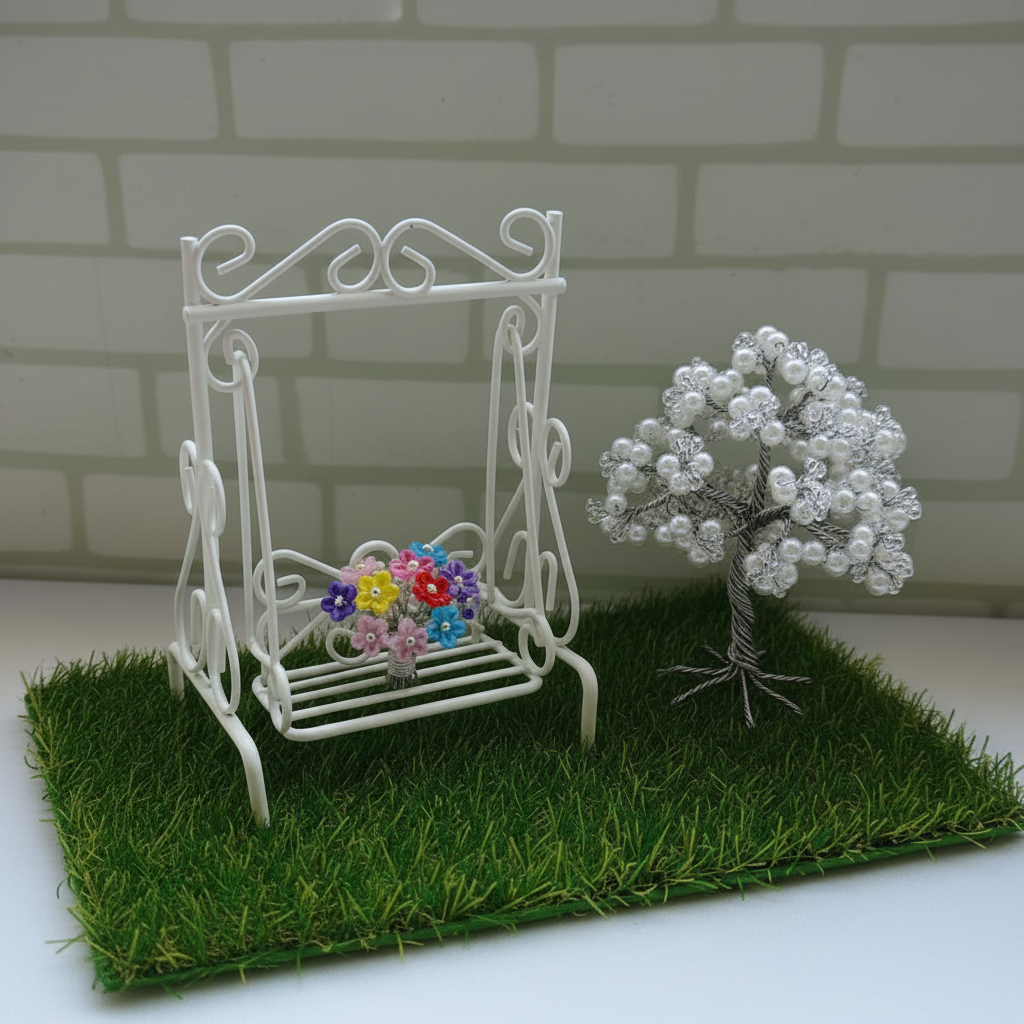 mini altalena dondolo 7 x 5 x 9 cm di metallo laccato bianco con mini bonsai perline idea ambiente mini giardino arredamento presepe o casa bambole e mazzolino di fiori di perle sul sedile