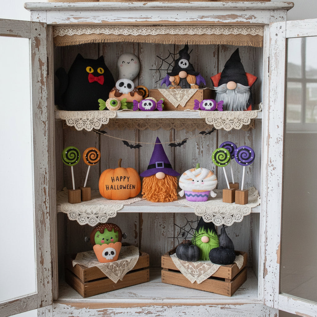 halloween pannolenci stampato pannello gnomi elfi gattino nero ragnatele zucca pupazzeria cucito creativo bambole di pezza stoffa tessuto per vetrina negozio casa ufficio