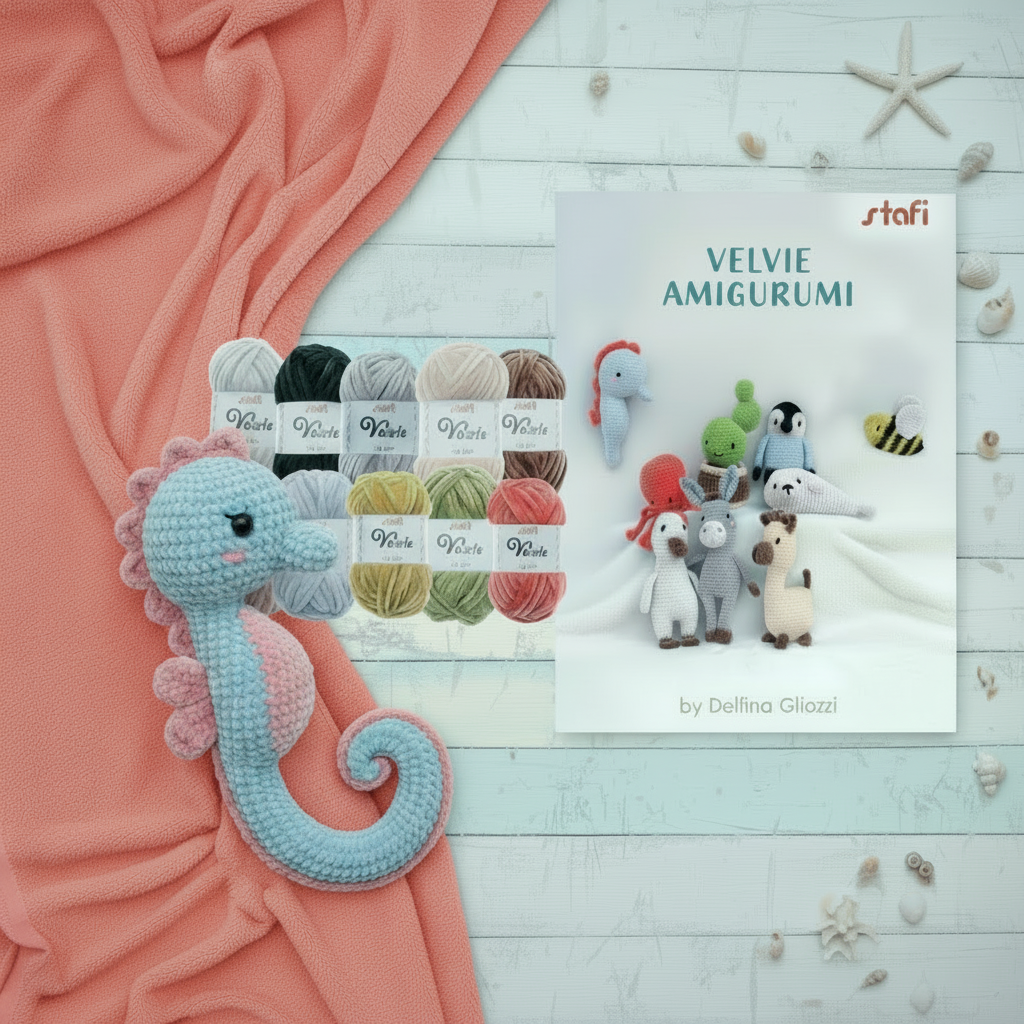 cavalluccio marino e kit filato Velvie Stafil amigurumi ciniglia lana sottile 10 colori mini gomitolo 25 g con libretto manuale istruzioni per uncinetto di bambole animaletti marini ape foca pinguino alpaca polipo di filo