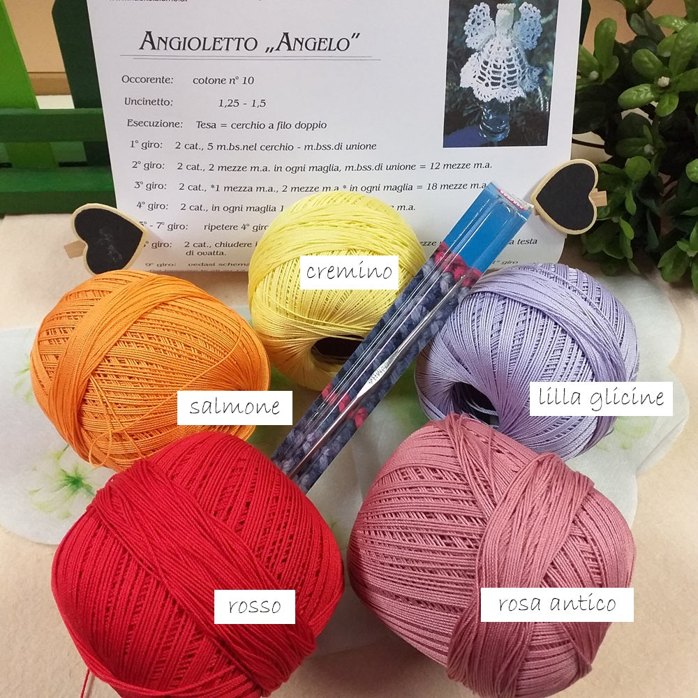 tabella colori cremino salmone lilla glicine rosso rosa antico n.59 angioletto angelo kit schemi uncinetto 1.5 filato cotone uso idea regalo da appendere albero pasquale bomboniere e natale fai da te decorazioni addobbi