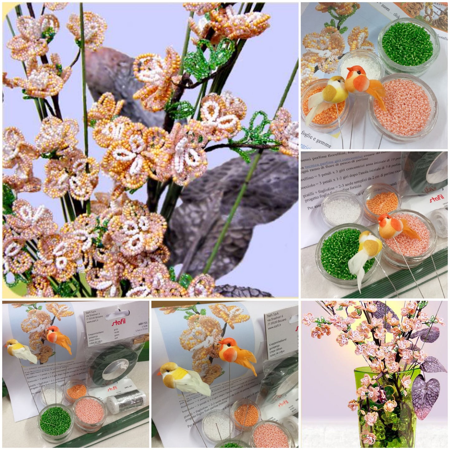 materiali e idee fiori di pesco salmone composizione floreale kit conteria di vetro rocailles fai da te steli istruzione materiale occorrente filo zincato guttaperca stemtex adesivo nastro verde fioristi