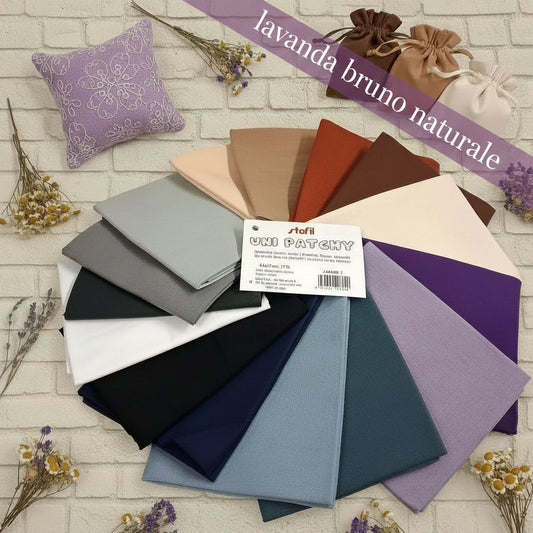 tessuto Stafil uni patchy kit pretagliati cotone lavanda bruno naturale colori neutri per abbigliamento arredamento accessori borse cuscini pochette piccoli lavori cucito creativo cuscini porta profumatori e sacchettini bomboniere