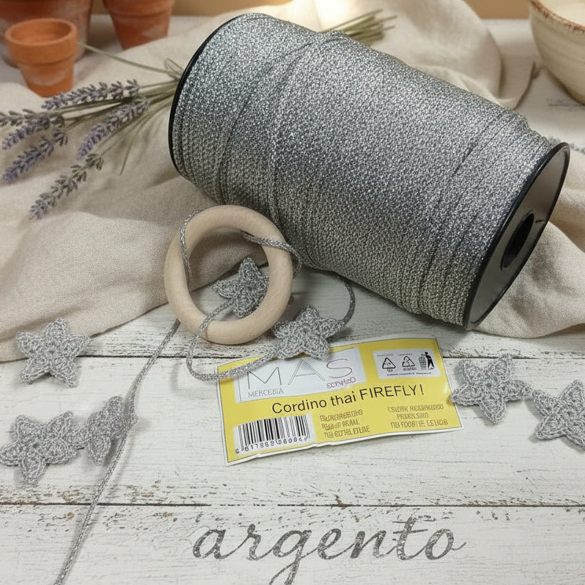 argento colore 63 firefly Mas tripolino thai cordino lurex brillantinato lamè per bijoux borse uncinetto progetti amigurumi crochet cordoncino Natale bags luccicanti dorate clutch pochette sera cerimonia