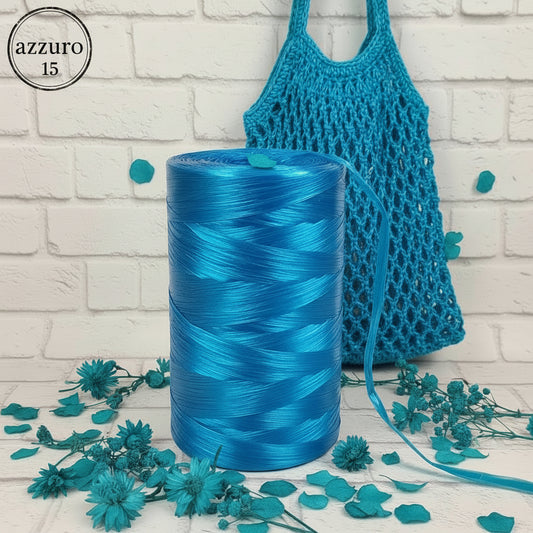 rotolo mezzo chilo 470 g di rafia sintetica colorata azzurra uncinetto idea fai da te DIY borsa mare a rete estiva