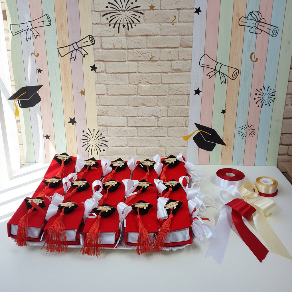 scatoline originale portaconfetti bomboniera laurea segnaposto festa confezionata confetti bigliettino personalizzabile con colore nastrino raso bianco per lettere filosofia, allestimento tocco cappello e nappina muro con simboli grafici pergamena