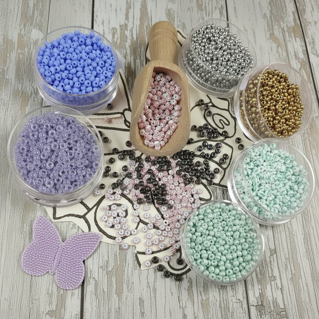 assortimento lilla lavanda verde chiaro rosso bianco oro bronzo rocailles in vetro perline indiane conteria veneziana hobby bijoux fiori Venezia piante alberi bonsai metalliche esclusive colori metal particolari per bigiotteria gioielli di perle