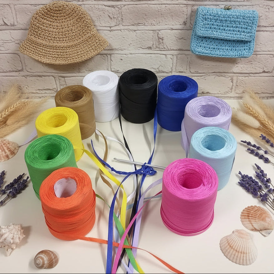 rocche rotoli rafia naturale vegetale di cellulosa R600 merceria accessori servizio uso uncinetto crochet bag borse estive cappelli colori arancio verde giallo nocciola bianco nero bluette lilla azzurro celeste fucsia