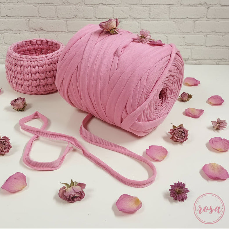 colore rosa, dietro lavorato non liscio, cotone elastico, filato per cestini e borse uncinetto
