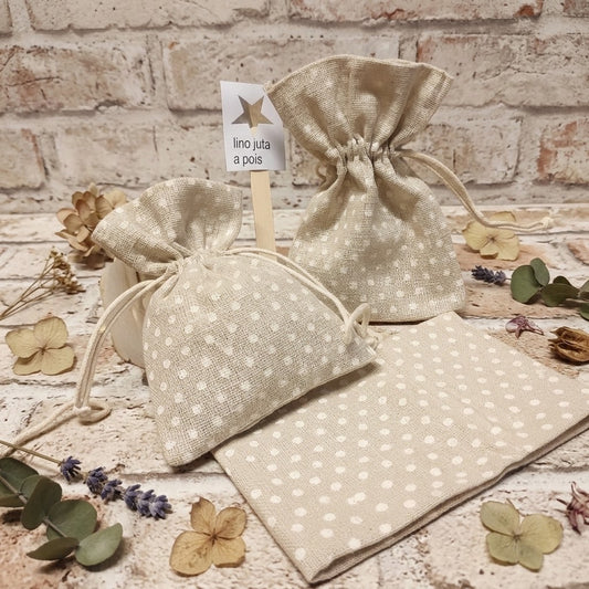 sacchettino juta lino pois bianchi corda portaconfetti bomboniere fai da te e confettata matrimonio Comunione Cresima uso packaging chicchi caffè enogastronomia semi piantine lavanda confezioni Natale