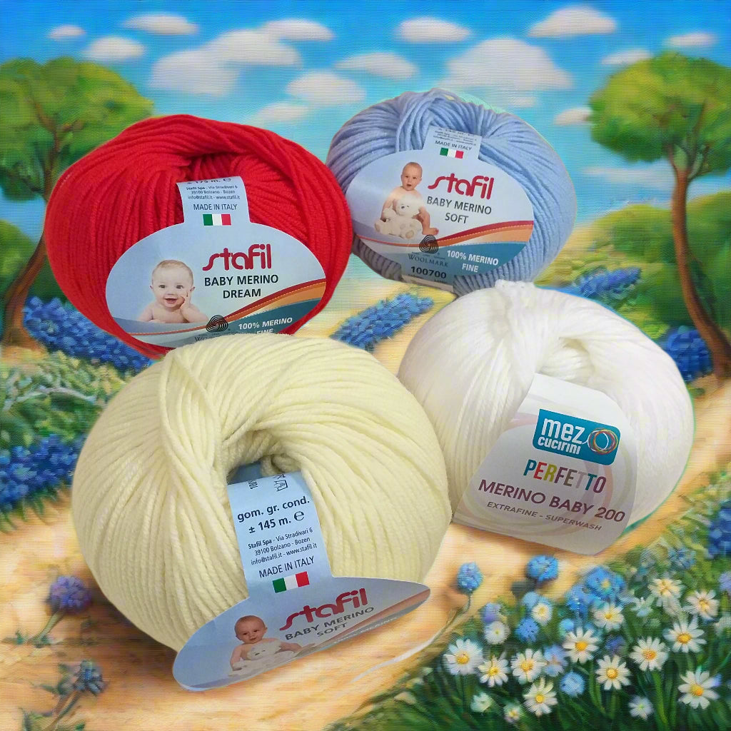 colori shop Baby merino 200 extrafine superwash e soft Stafil made in Italy woolmark mez cucirini filato lana bianca rossa gialla azzurra uso per copertine bambini neonato fine per uncinetto lavori a maglia sferruzzare cappellino bimba bimbo primo natale bebè
