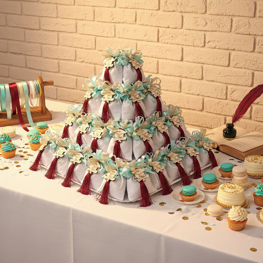 sacchetti con tocco cappello laurea legno confezionati nappina bordeaux coccarda verde-tiffani e nastrino oro bigliettino e confetti, allestimento festa campionario e dolci