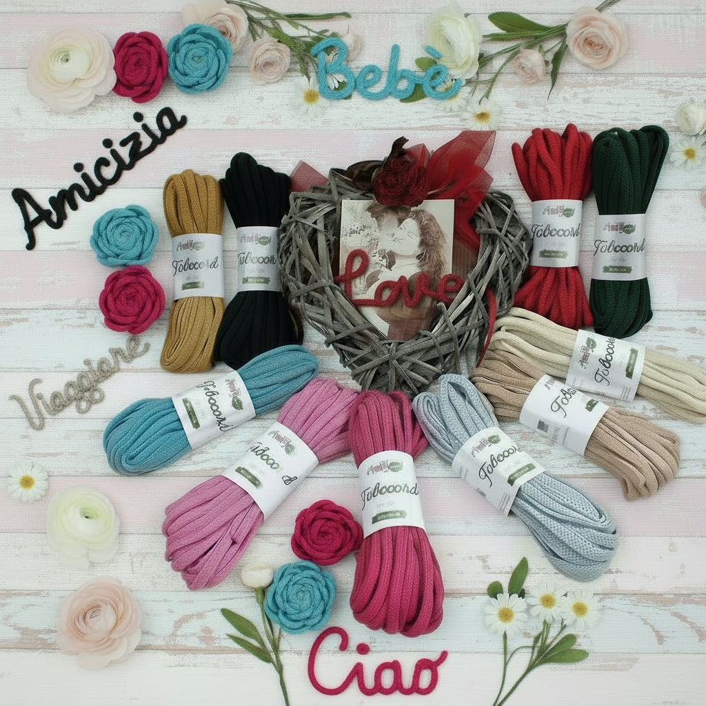 negozio shop online colori tricotin pronto cordoncino tubolare corda da riempire di filo modellabile tubecord stafil green per creare scritte nomi decorazioni fiori farfalle ghirlanda fuoriporta fiorellini perline love san valentino