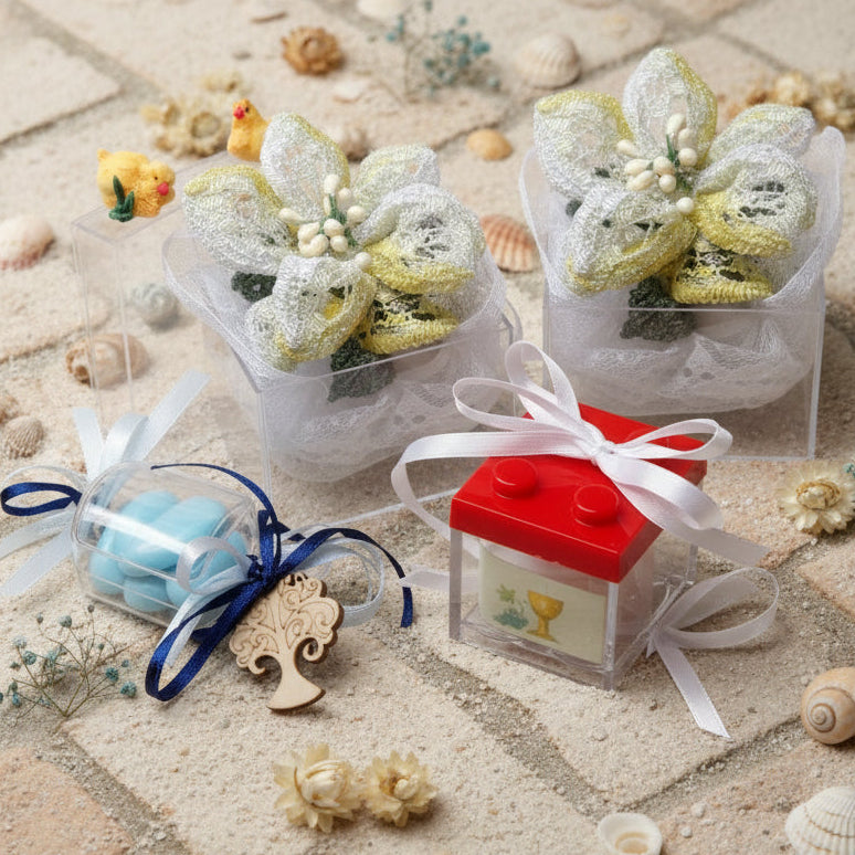 Idee creare confezioni regalo e porta confetti bomboniere con scatoline plexiglass scatole trasparenti di plastica rigida Pasquali matrimonio comunione cresima