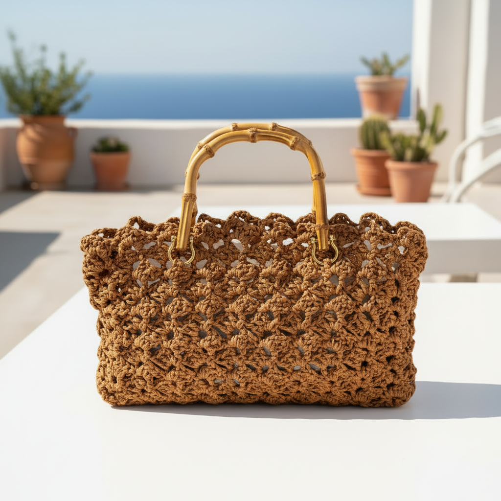 idea sporta marrone borsa di rafia uncinetto estiva mare cerimonia punto ventaglio filato di cellulosa vegetale manici bambù