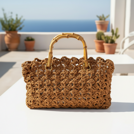 idea sporta marrone borsa di rafia uncinetto estiva mare cerimonia punto ventaglio filato di cellulosa vegetale manici bambù