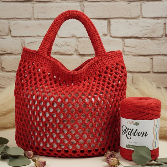 colore rosso ribbon stafil fettuccia cotone riciclato corda piatta tubolare vuota idea fai da te sferruzzare uncinetto o ferri da calza maglia borsa a rete estiva spiaggia mare spesa