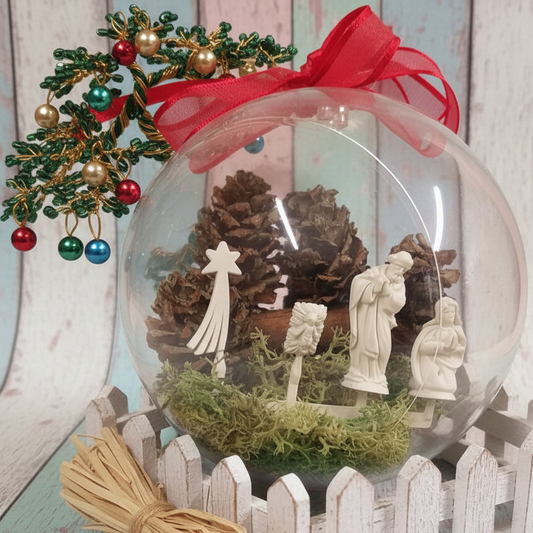 mini bonsai piantina alberello perline balocchi di perle con pallina natalizia per albero muschio pigne cannella  miniatura statuine Natività Presepe Sacra famiglia plastica bianca con cometa