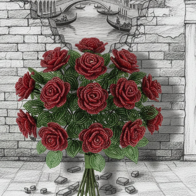 mazzo bouquet rose rosse veneziane di perline conteria rocailles
