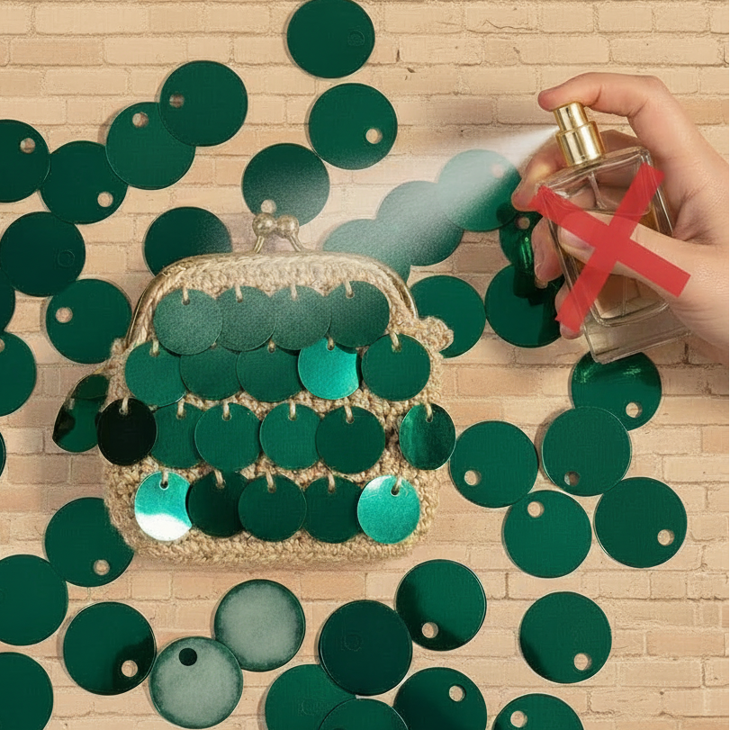 copertina articolo faq non spruzzare profumo sulle paillettes delle borse uncinetto potrebbero sbiadire scolorire