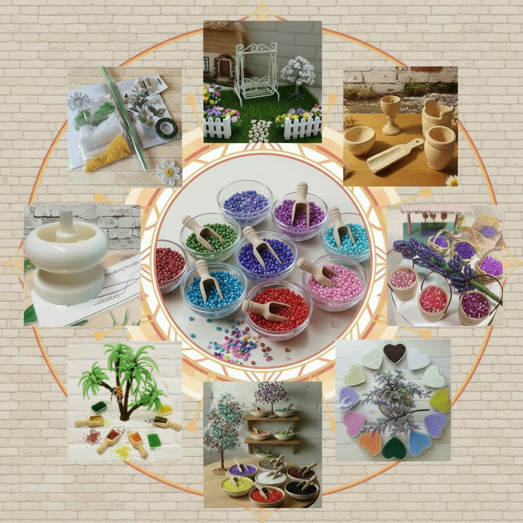tra perline di conteria rocailles perle per bonsai piantine alberi e fiori margherite palme con accessori fai da te allestimento casa bambole mini giardino stoviglie legno altalena dondolo