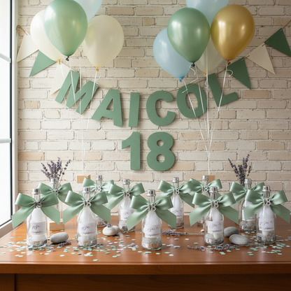 allestimento 18 anni diciottesimo compleanno ragazzo bottigliette bomboniere portaconfetti confezionate fiocco verde salvia applicazione resina e bigliettino