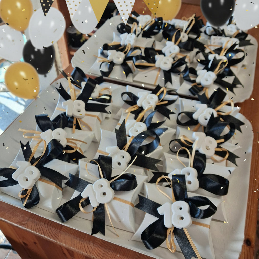 palloncini bandierine coriandoli allestimento confettata e colori per 18 anni diciottesimo compleanno bigliettino bianco oro 3 confetti  bustina economica originale confezionata gessetto fiocco coccarda nero/oro