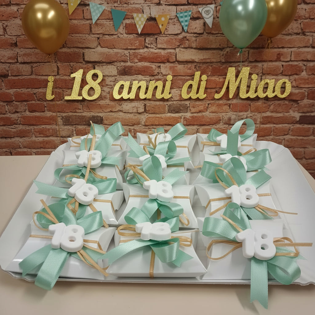i 18 anni di Miao confettata e colori per 18 anni diciottesimo compleanno bigliettino bianco oro 3 confetti  bustina economica originale confezionata gessetto fiocco coccarda tiffani chiaro
