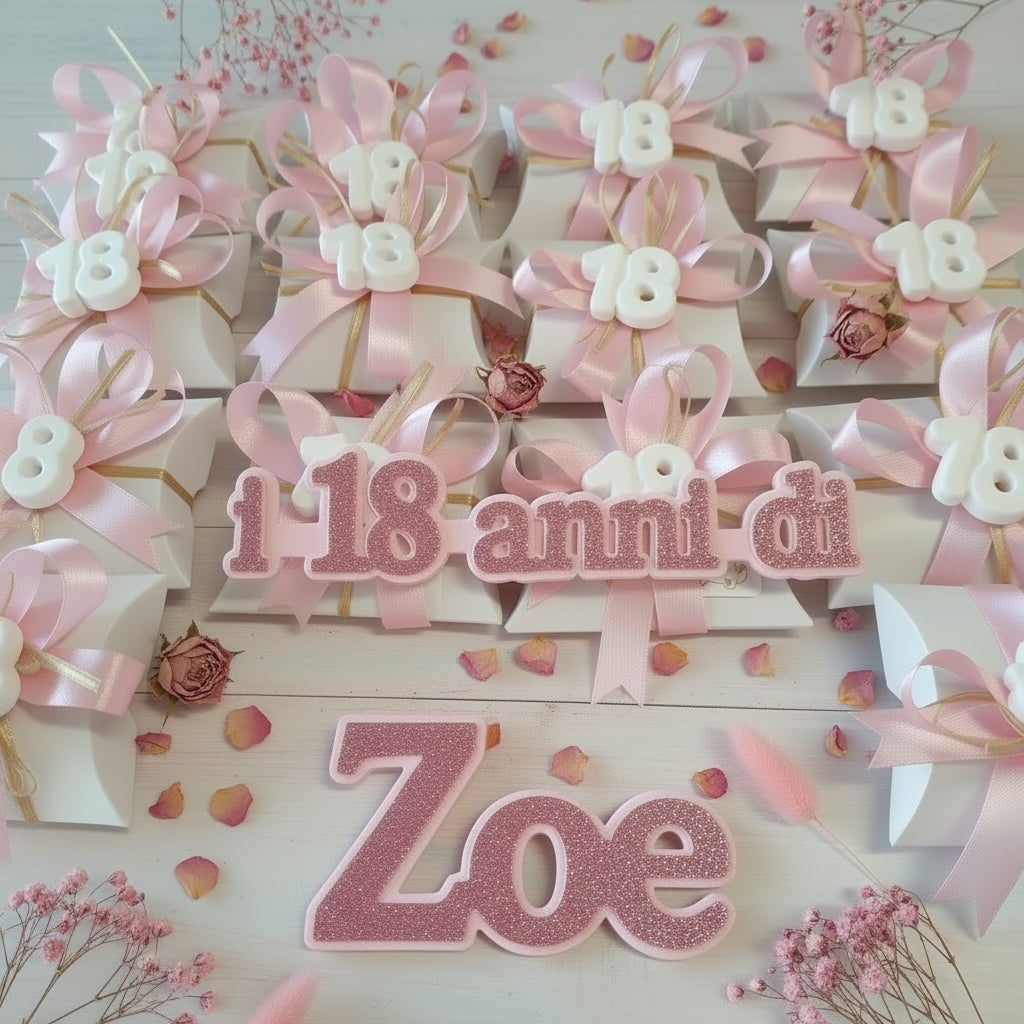 confettata e colori per 18 anni di Zoe diciottesimo compleanno bigliettino bianco oro 3 confetti  bustina economica originale confezionata gessetto fiocco coccarda rosa/oro