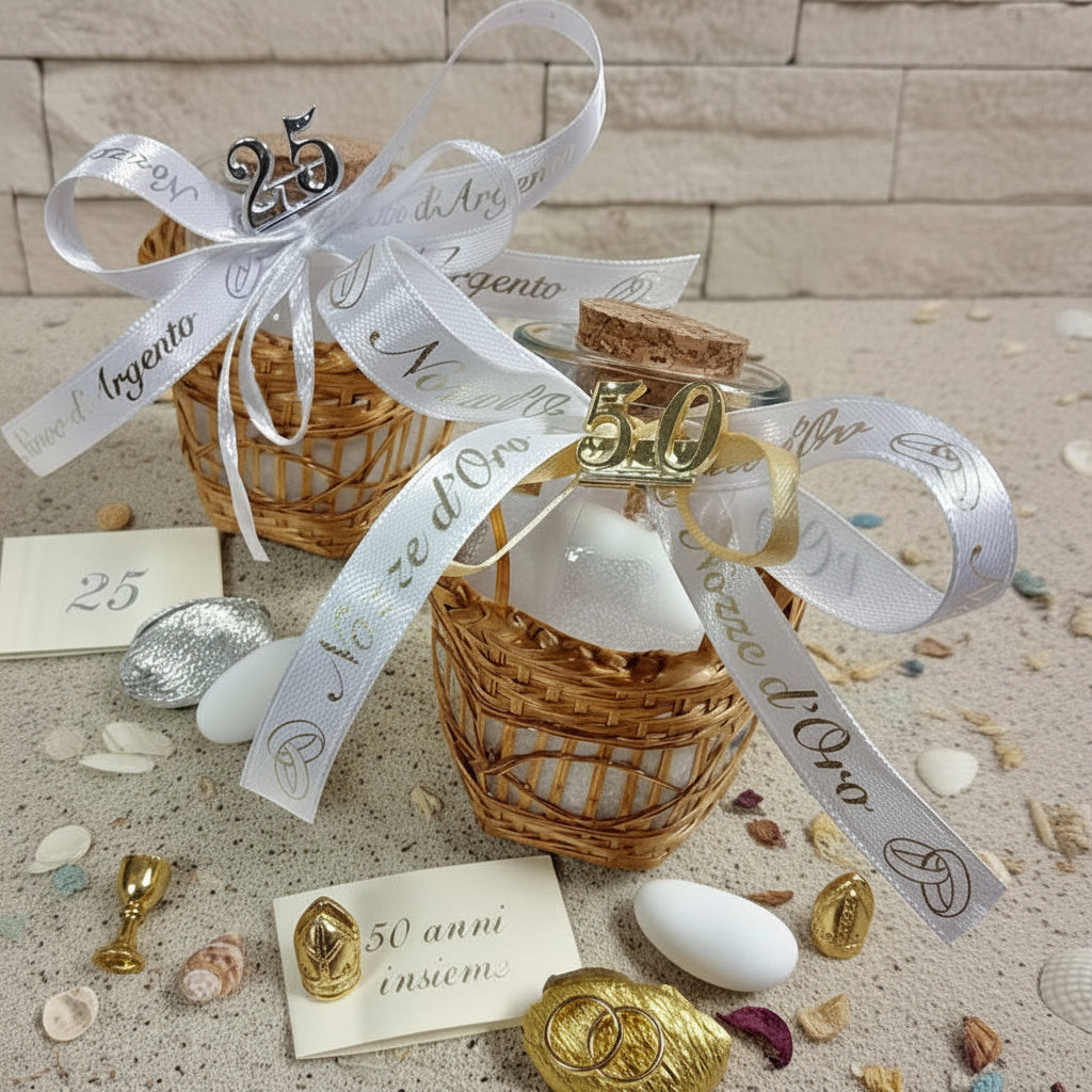 allestimento confettata vasetti barattoli vetro tappo sughero numero 25 o 50 di anni matrimonio anniversario nozze oro argento confezionati confetti dorati argentati cestini bigliettini altri nastrini pastello