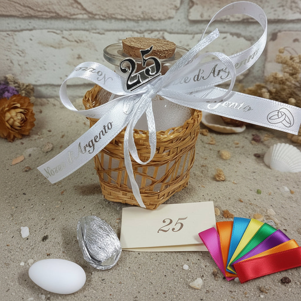 barattolino vasetto vetro tappo sughero numero 25 di anni matrimonio anniversario nozze argento confezionato confetti bianchi argentati tulle portaconfetti
