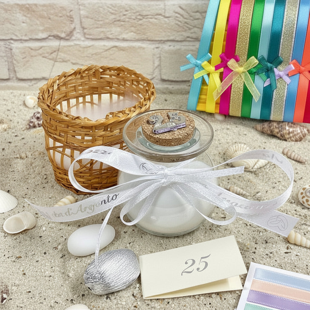 vasetto tondo barattolo vetro tappo sughero con applicazione numero 25  anni matrimonio anniversario nozze  argento confezionato confetti cestino fiocchetto coccarda lurex e raso bigliettino scelta altri nastrini vivaci
