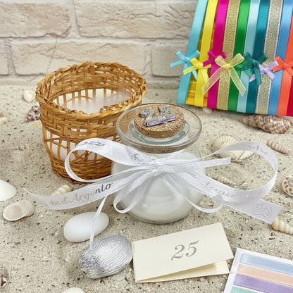 vasetto tondo barattolo vetro tappo sughero con applicazione numero 25  anni matrimonio anniversario nozze  argento confezionato confetti cestino fiocchetto coccarda lurex e raso bigliettino scelta altri nastrini vivaci