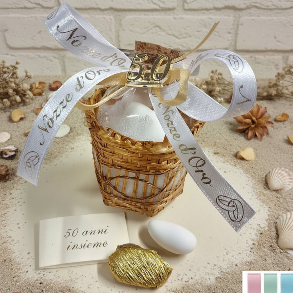 barattolino vasetto vetro tappo sughero numero 50 di anni matrimonio anniversario nozze d'oro confezionato confetti bianchi dorati, composizione packaging cestino classico