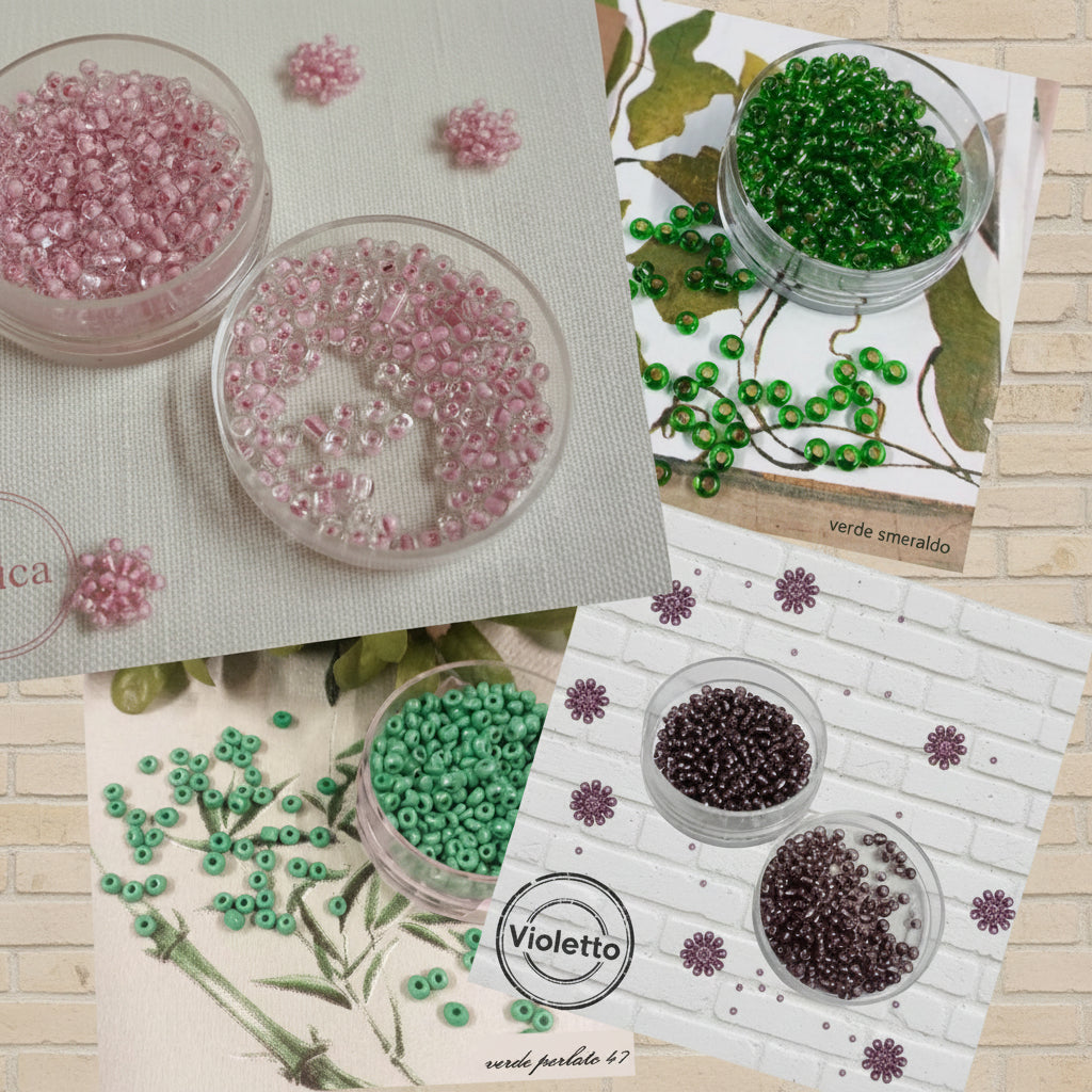 pesca violetto verde smeraldo e perlato colori perline conteria rocailles grandi 8-0