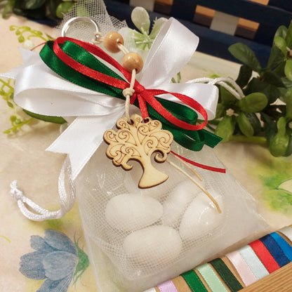 sacchetto confetti colori italiani portachiavi albero della vita ciondolo legno pirografato corda perle nastro kit fai da te o confezionato bomboniera matrimonio anniversario comunione cresima