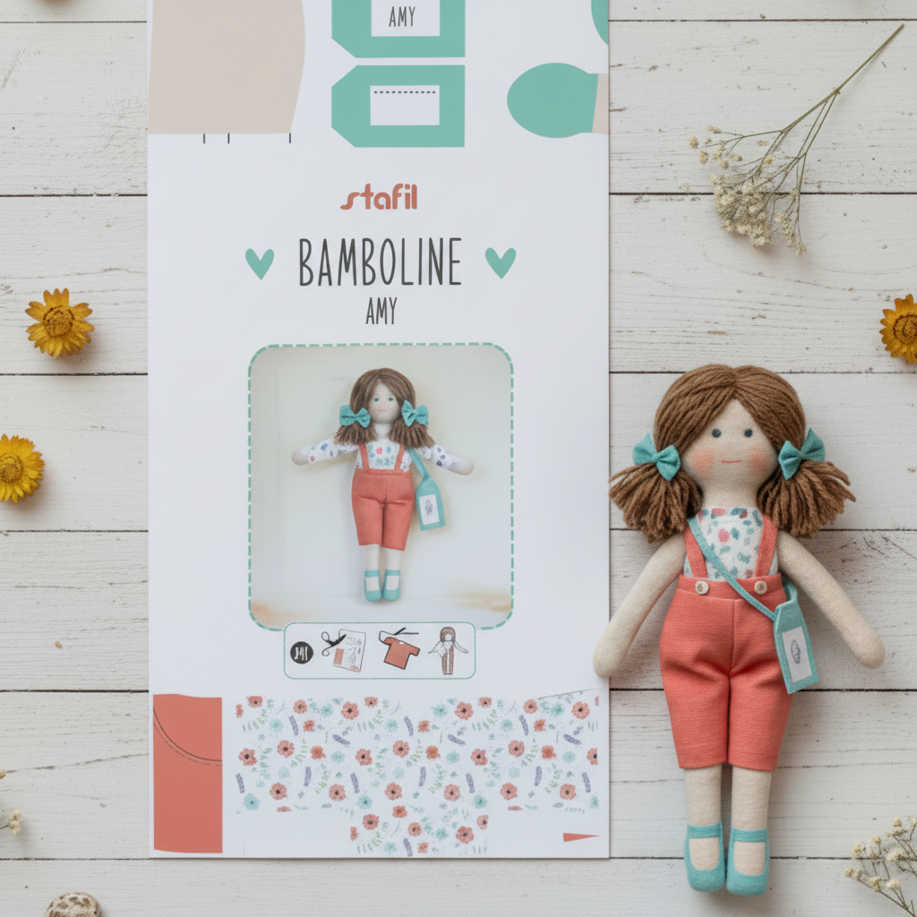 amy arancione pannello stoffa stampata dipinta disegnata con cartamodelli per cucito creativo Stafil bamboline fai da te kit bambola di pezza tessuto colorato
